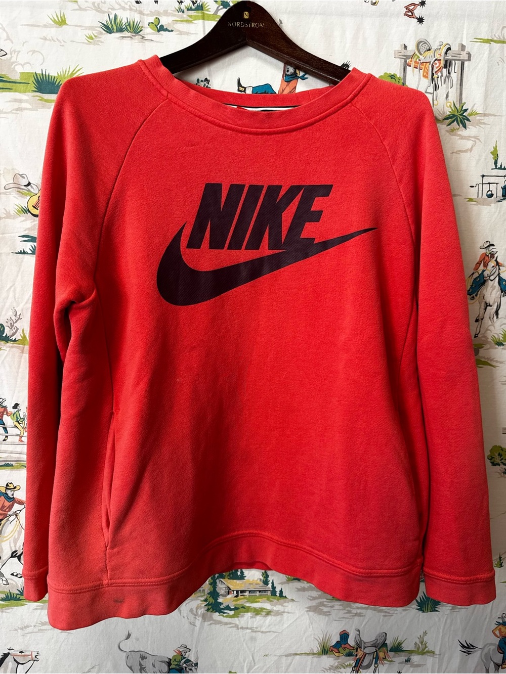 Nike Red / Coral color Crewneck Sweatshirt with Black Swoosh size medium